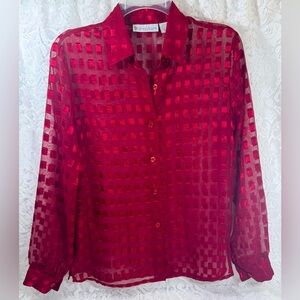 Dressbarn Red Sheer Long sleeve Button up blouse with satin geometric pattern S